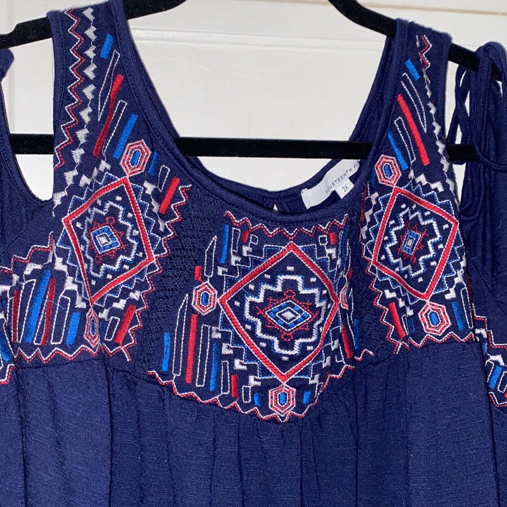 NWOT Aztec red white blue cold shoulder blouse